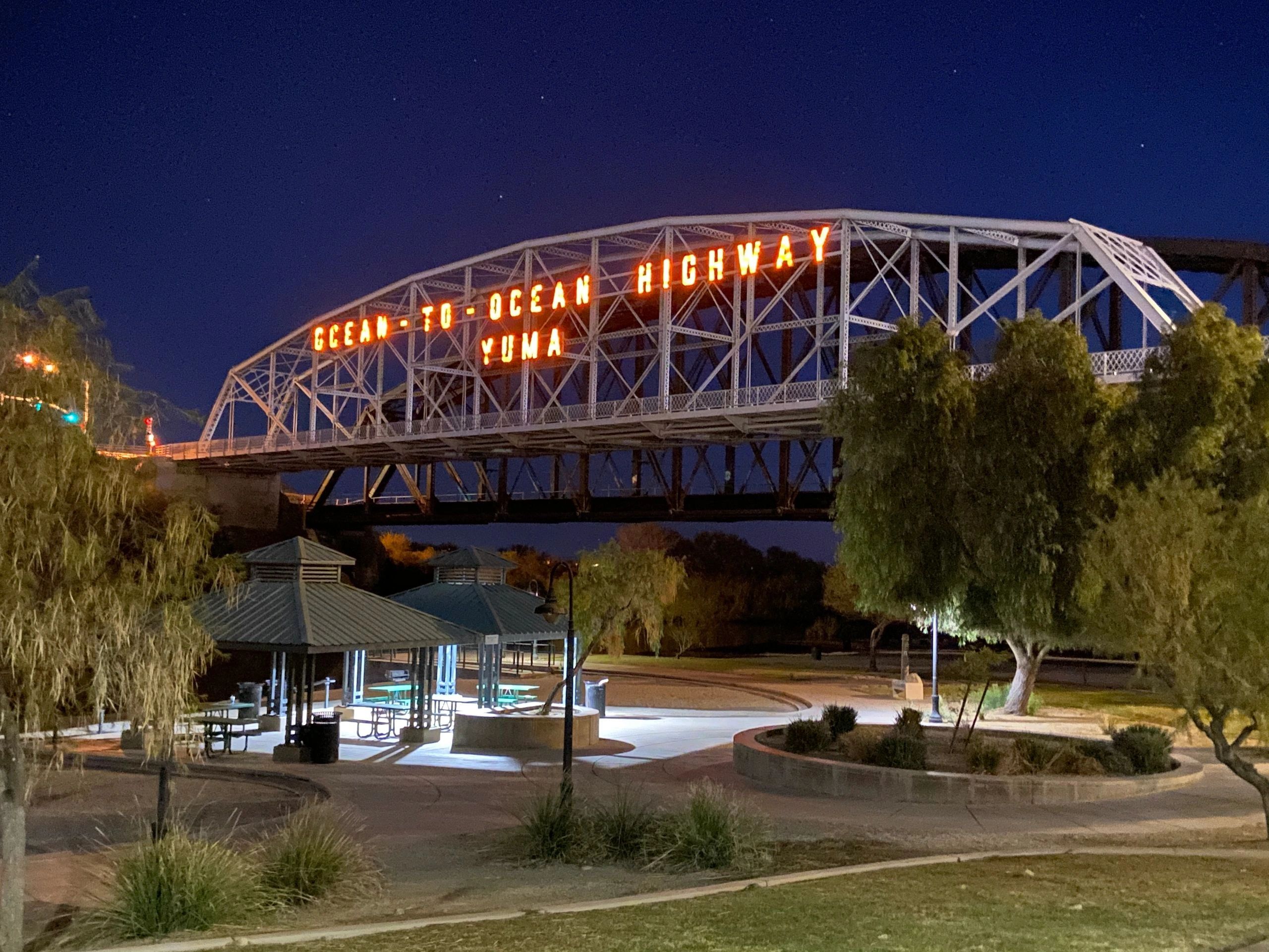 Ocean-to-Ocean Highway bridge in Yuma at night